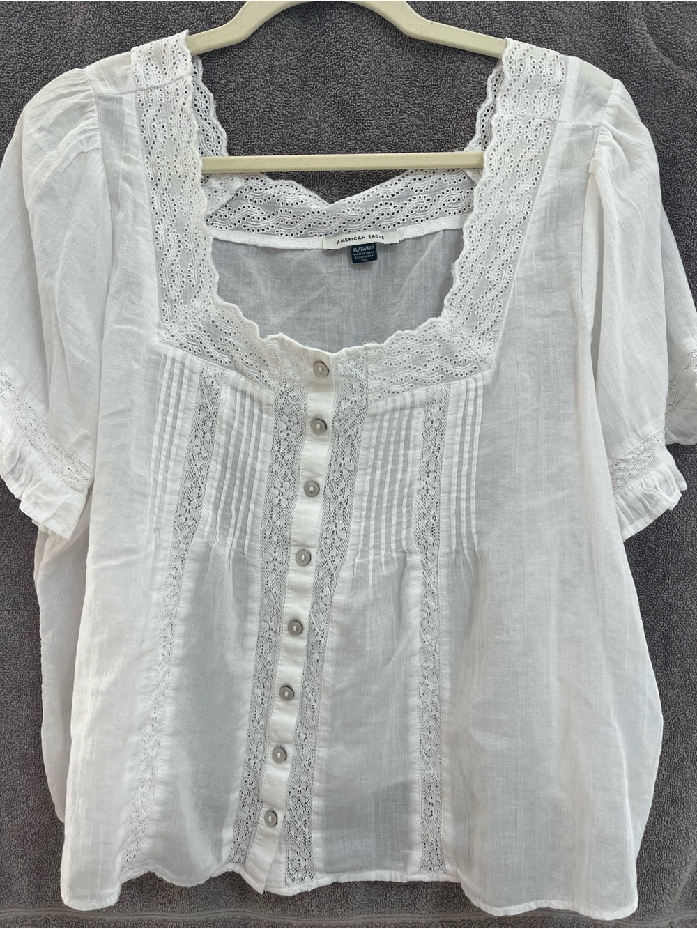 American Eagle Outfitters White Eyelet Button-Front Peasant Blouse
